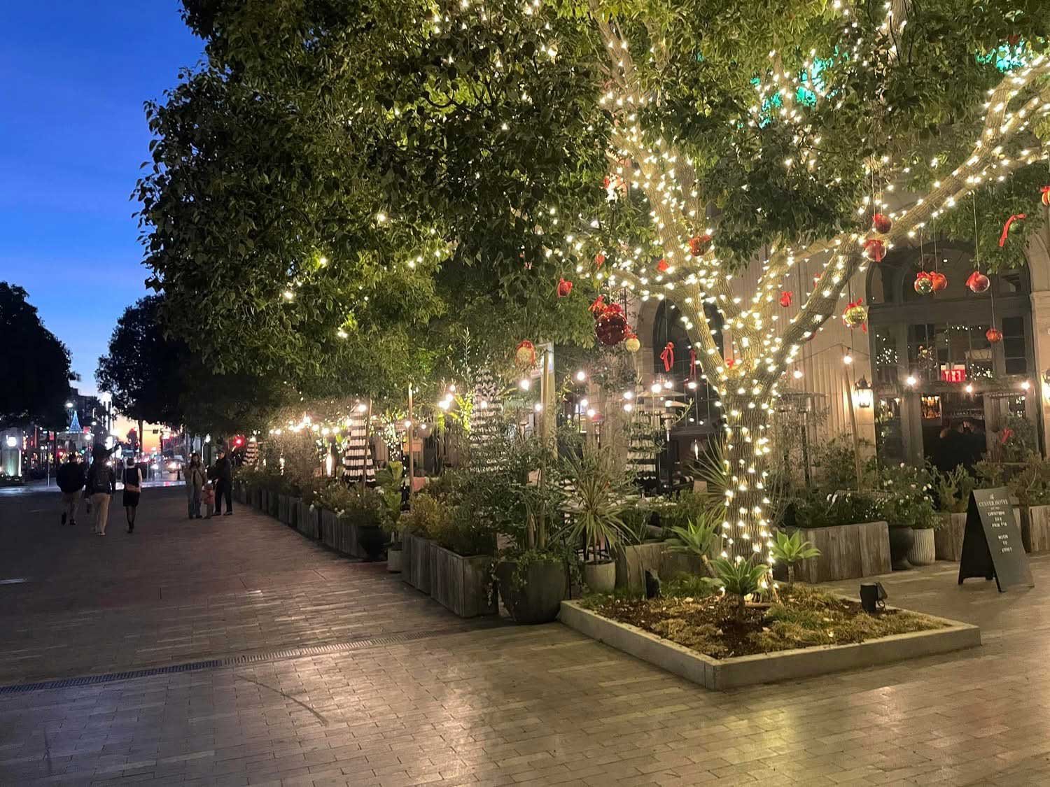 String lights over outdoor dining in downtown Culver City