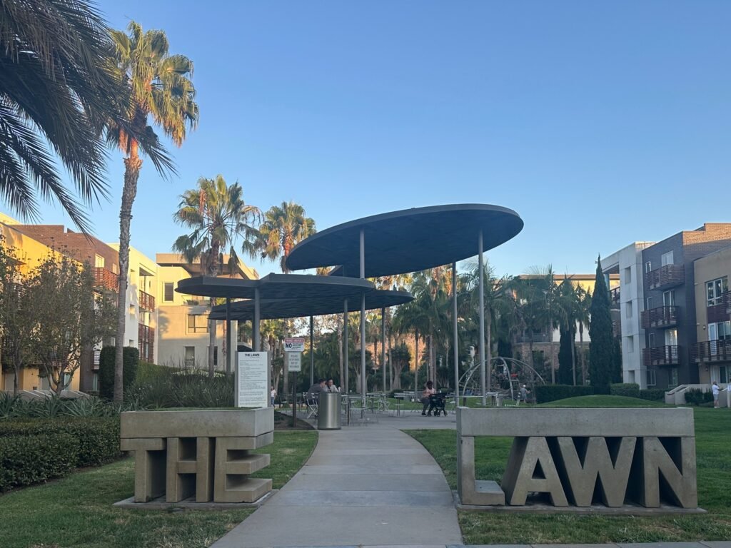The Lawn at Playa Vista, a shaded park between residential buildings