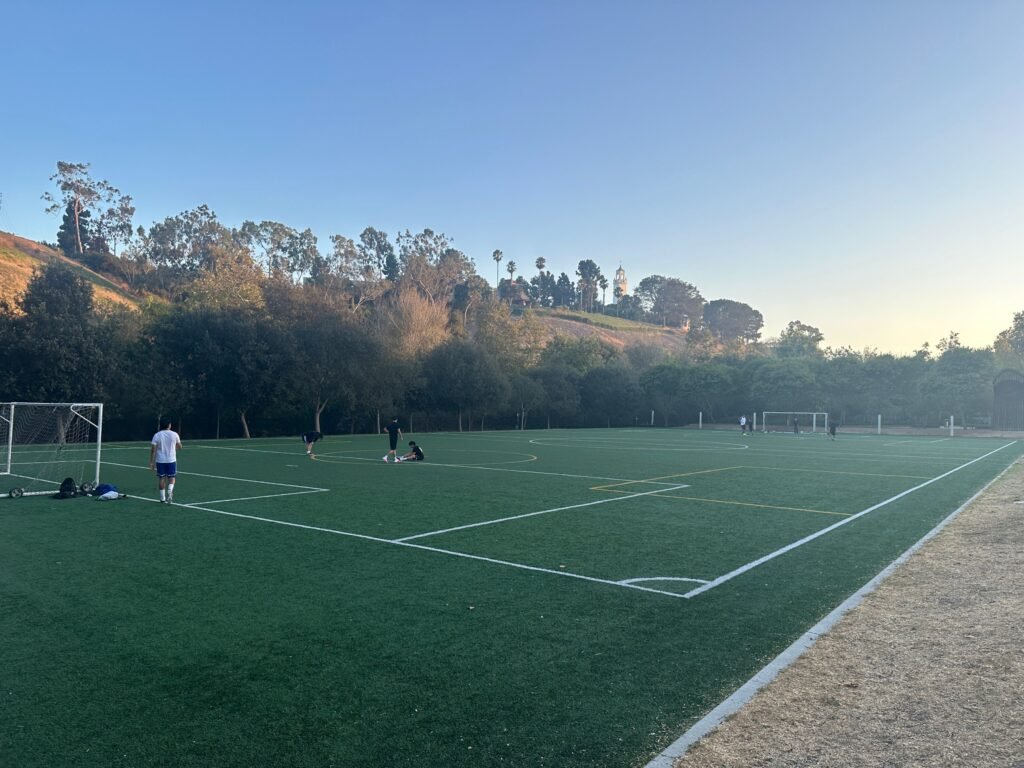 Soccer field along Bluff Creek Drive in Playa Vista, with LMU on the bluff above