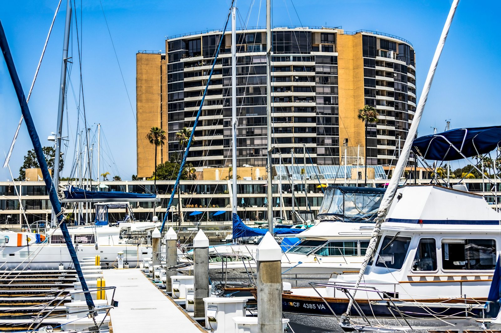 Boats in the Marina del Rey harbor beside a residential tower